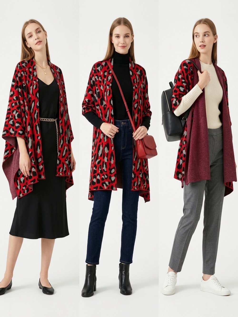 Colleen Lopez Red, Black and Gray Leopard Knit Wrap